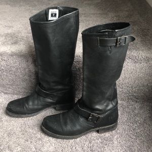 Black Leather Frye Boots w/ Brass Buckles